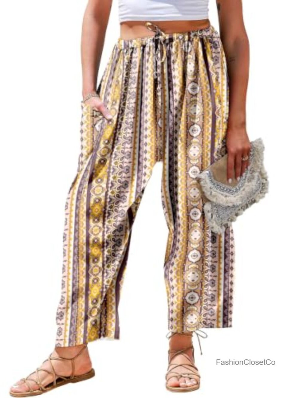 Wide Leg Palazzo Harem Pants with Pockets Drawstring Low Rise